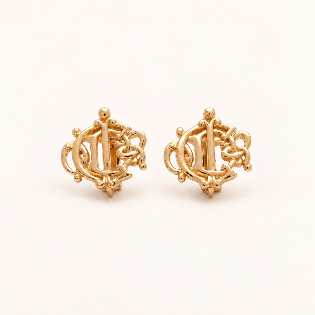 Christian Dior Vintage Ornate CD Monogram Gold-Tone Clip-On Earrings