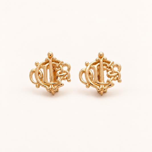 Christian Dior Vintage Ornate CD Monogram Gold-Tone Clip-On Earrings