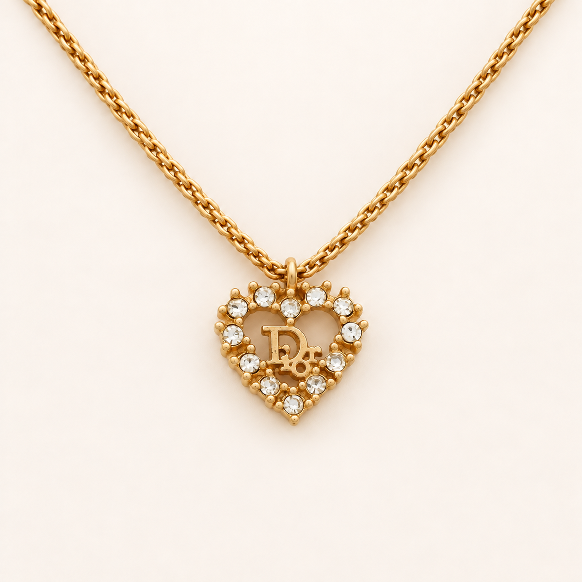 Christian Dior Vintage Heart Rhinestone CD Logo Gold-Tone Necklace, 44cm