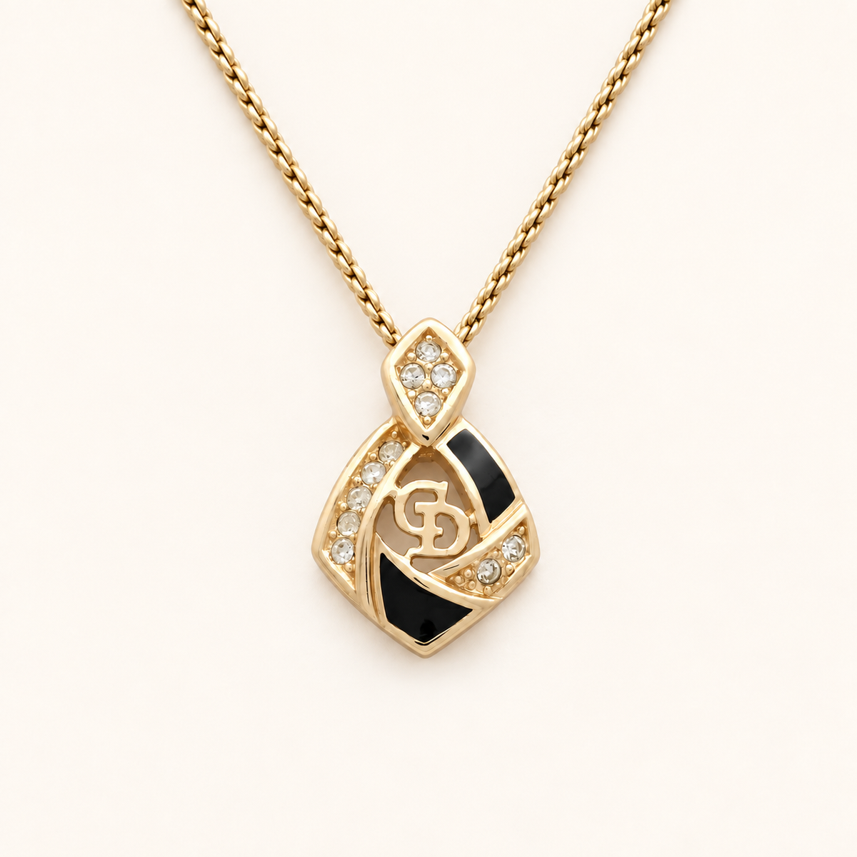 Christian Dior Vintage Black Enamel Diamond CD Logo Gold-Tone Necklace, 44cm