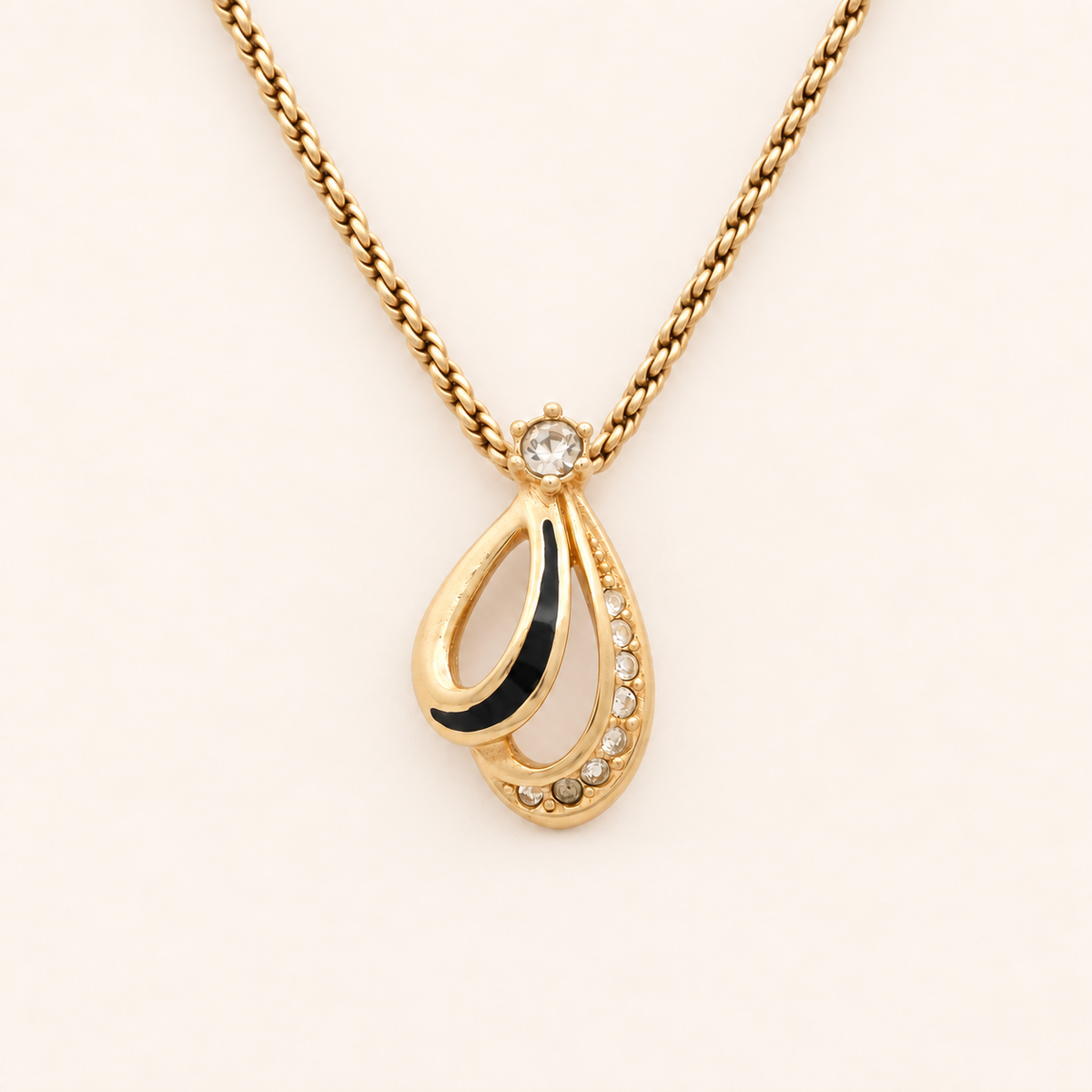 Christian Dior Vintage Black Teardrop Rhinestone Gold-Tone Necklace