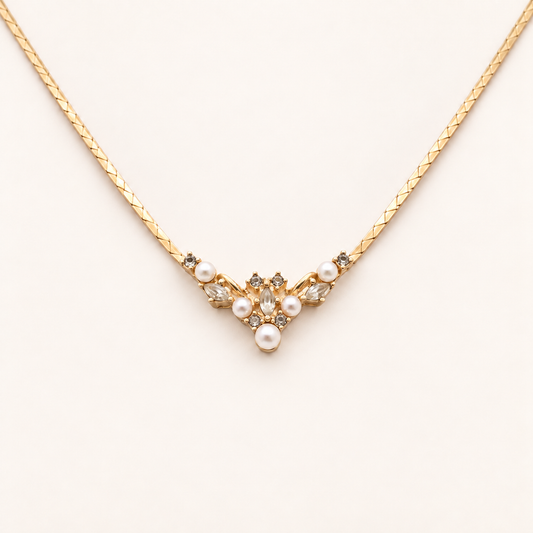 Christian Dior Vintage Floral Faux Pearl and Rhinestone Gold-Tone Necklace, 38cm