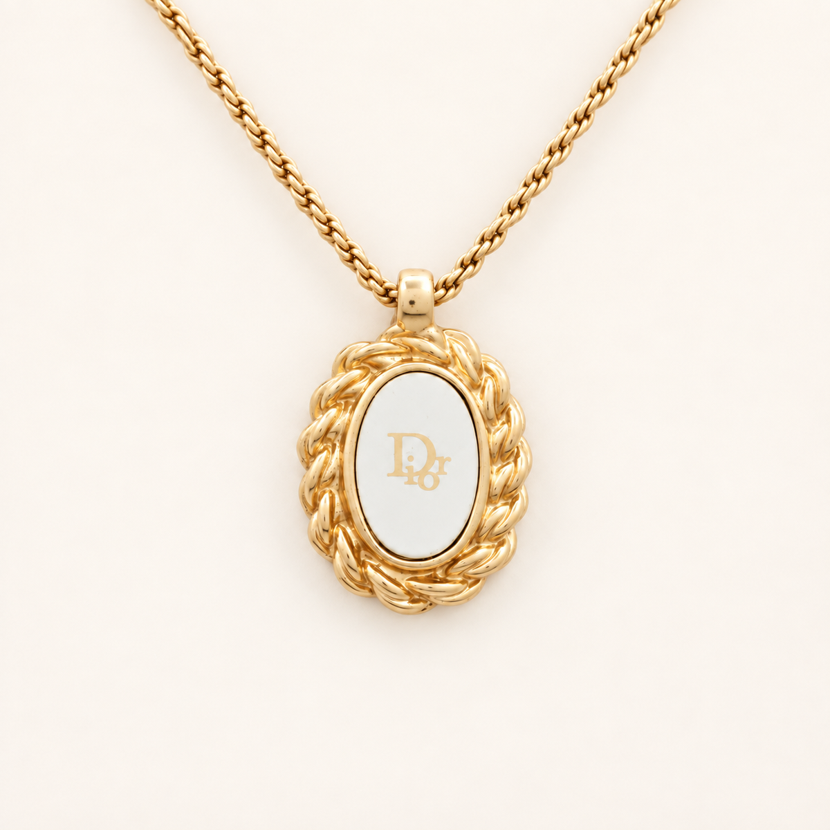 Christian Dior Vintage White Enamel Oval CD Logo Gold-Tone Necklace, 44cm