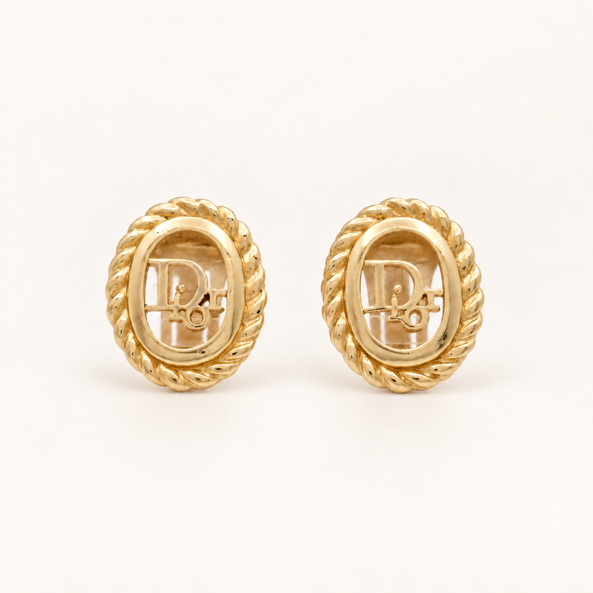 Christian Dior Vintage Rope Oval CD Logo Gold-Tone Clip-On Earrings