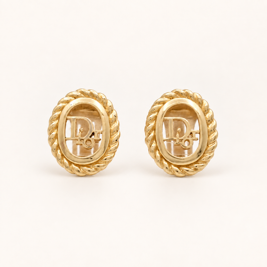 Christian Dior Vintage Rope Oval CD Logo Gold-Tone Clip-On Earrings