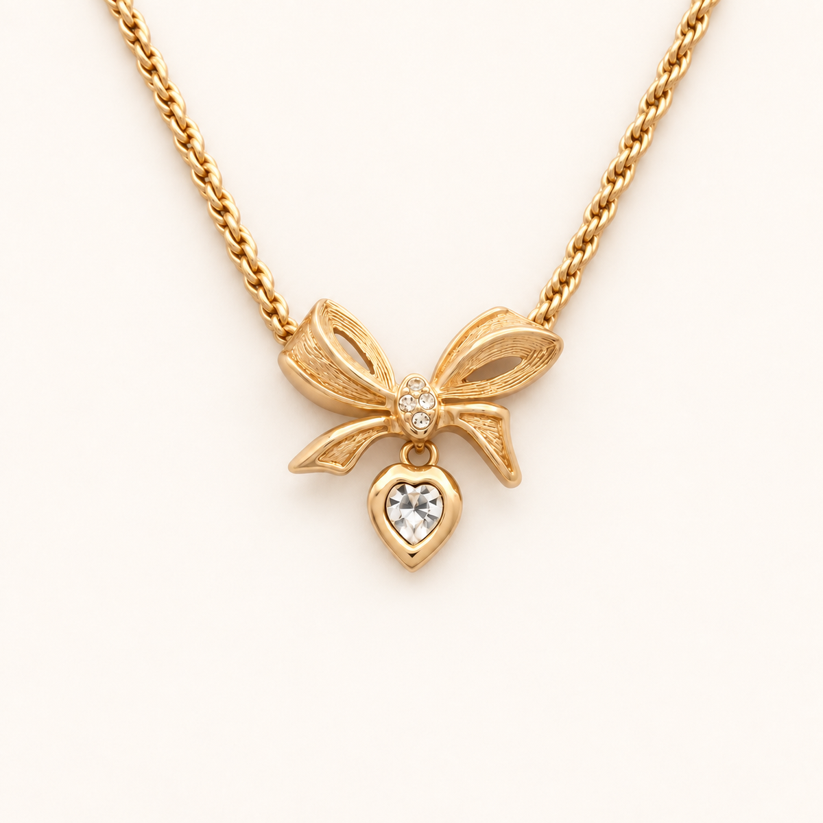 Christian Dior Vintage Bow and Rhinestone Heart Gold-Tone Necklace