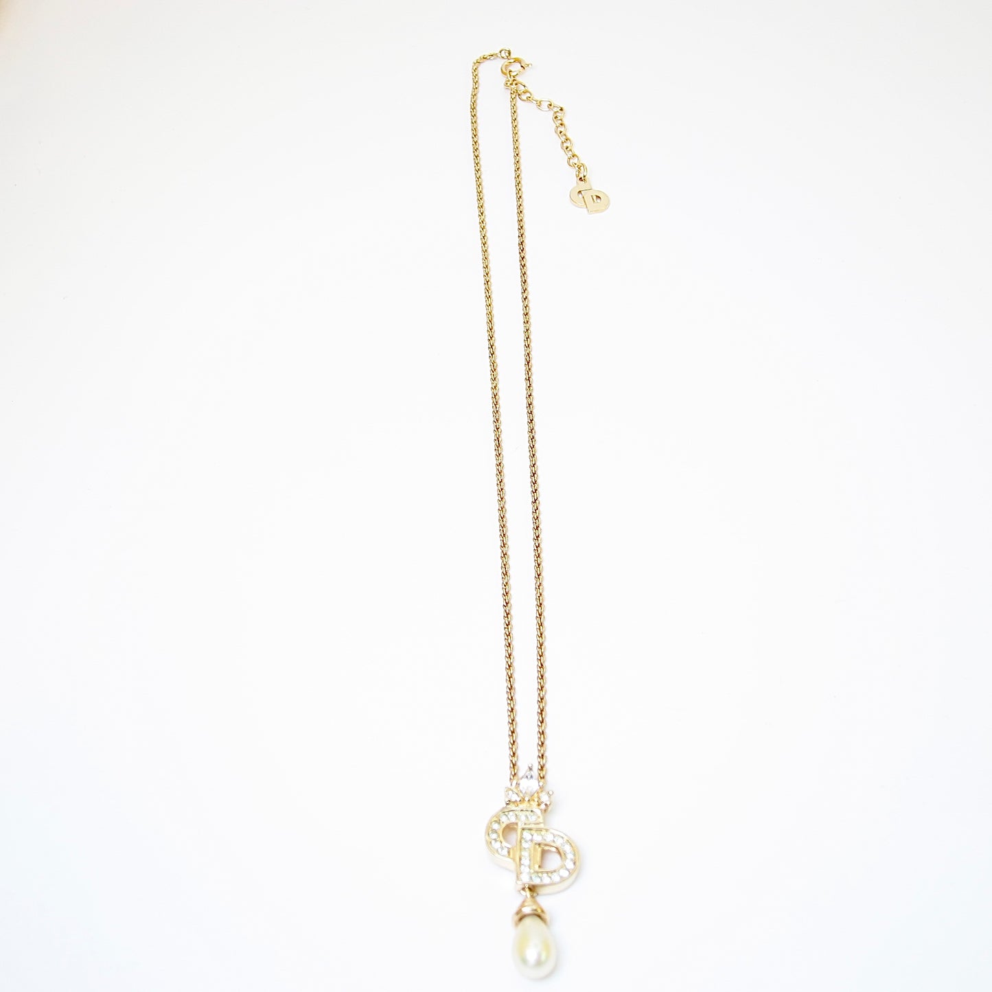 Christian Dior Vintage CD Logo with Rhinestone and Pearl Golden Necklace