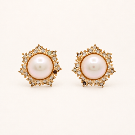 Christian Dior Vintage Faux Pearl Halo Gold-Tone Clip-On Earrings