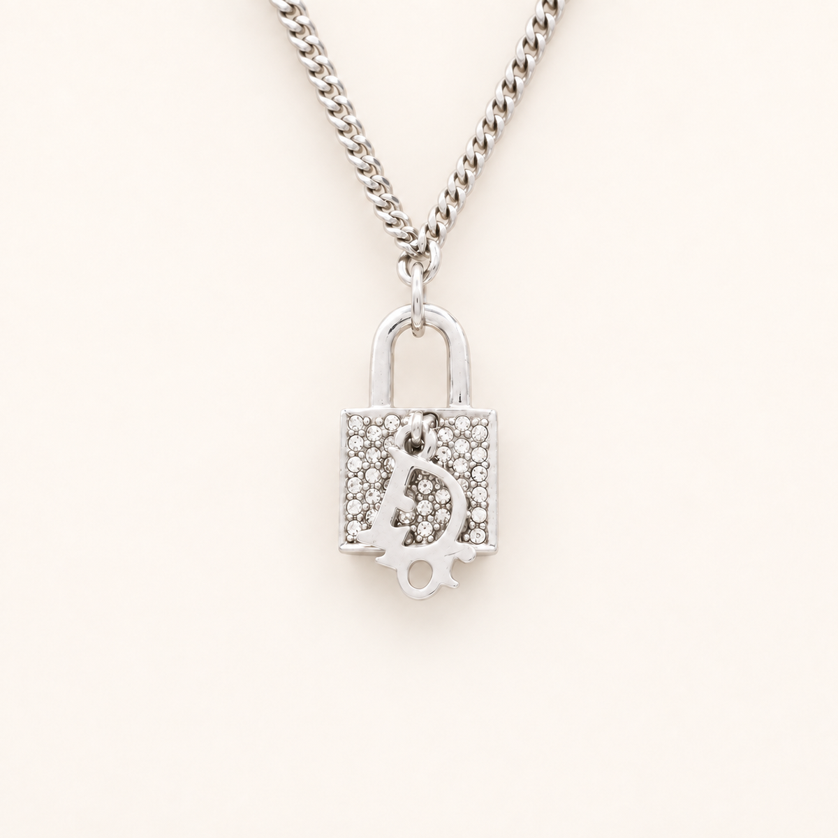 Christian Dior Vintage Rhinestone Padlock Silver-Tone Necklace