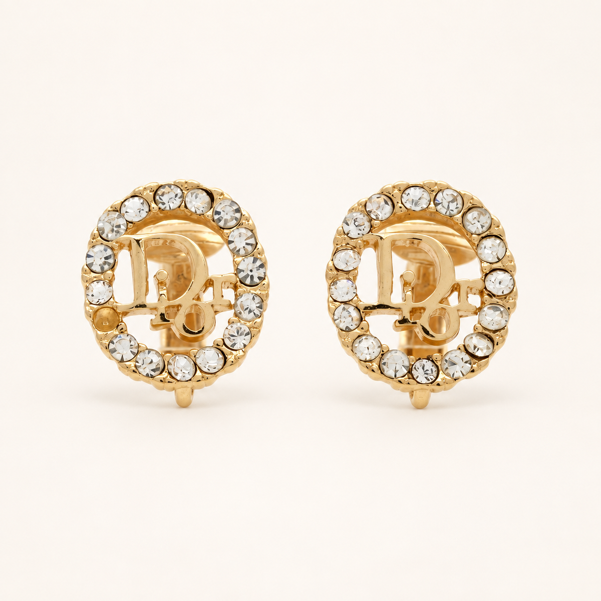 Christian Dior Vintage Rhinestone D Monogram Gold-Tone Clip-On Earrings
