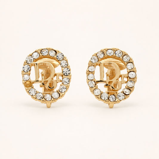 Christian Dior Vintage Rhinestone D Monogram Gold-Tone Clip-On Earrings