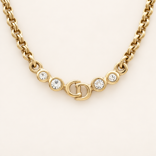 Christian Dior Vintage Rhinestone CD Station Gold-Tone Necklace