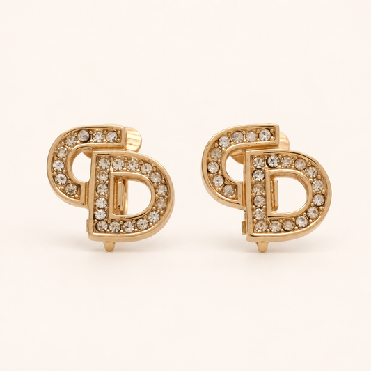 Christian Dior Vintage Pavé CD Logo Gold-Tone Clip-On Earrings