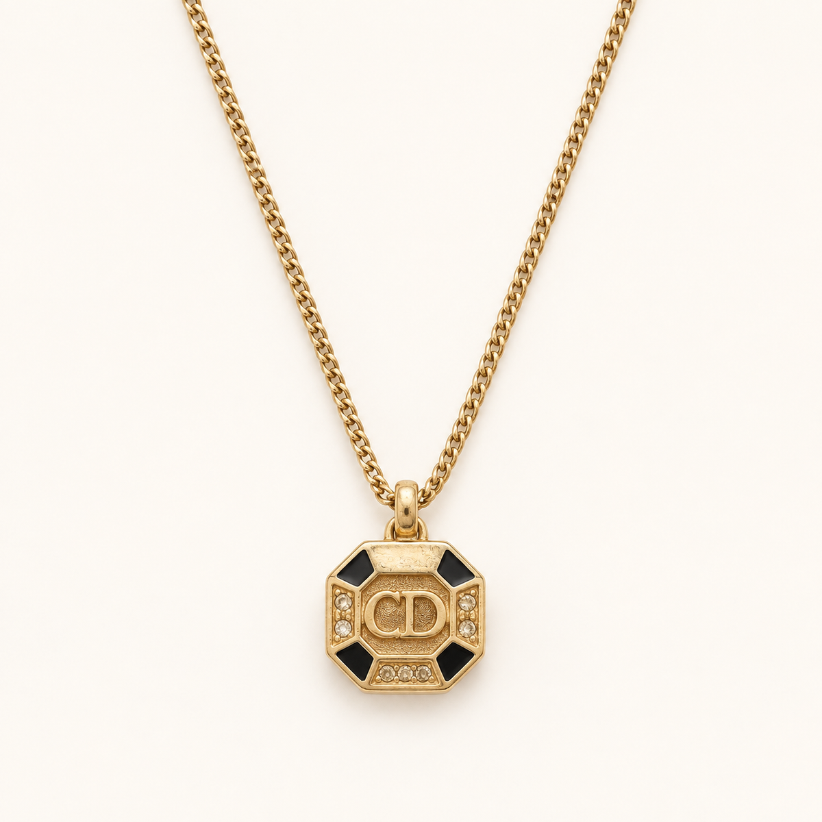 Christian Dior Vintage Octagon Black Enamel CD Logo Gold-Tone Necklace