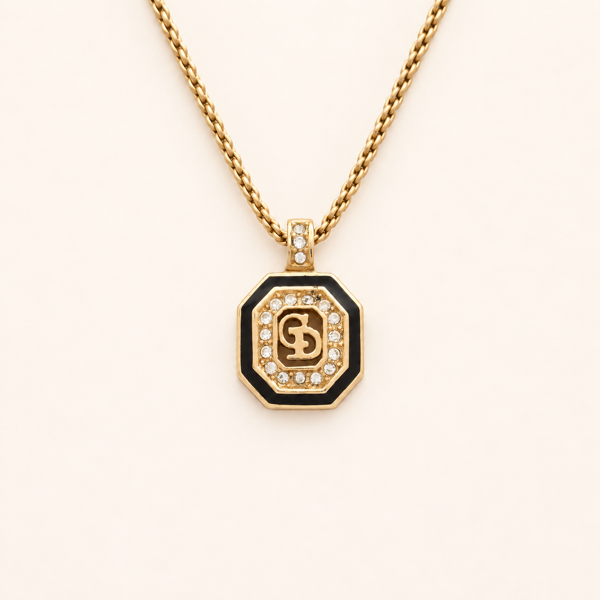 Christian Dior Vintage Octagon Black Enamel Rhinestone CD Logo Gold-Tone Necklace, 43cm