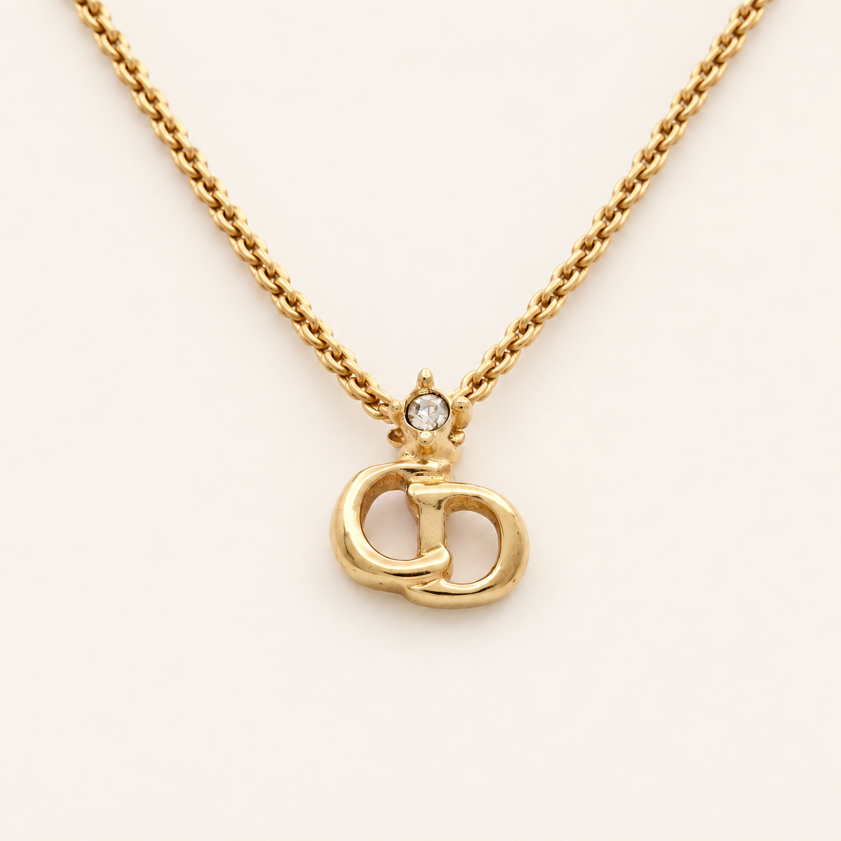 Christian Dior Vintage Interlocking CD Logo Rhinestone Gold-Tone Necklace, 42cm