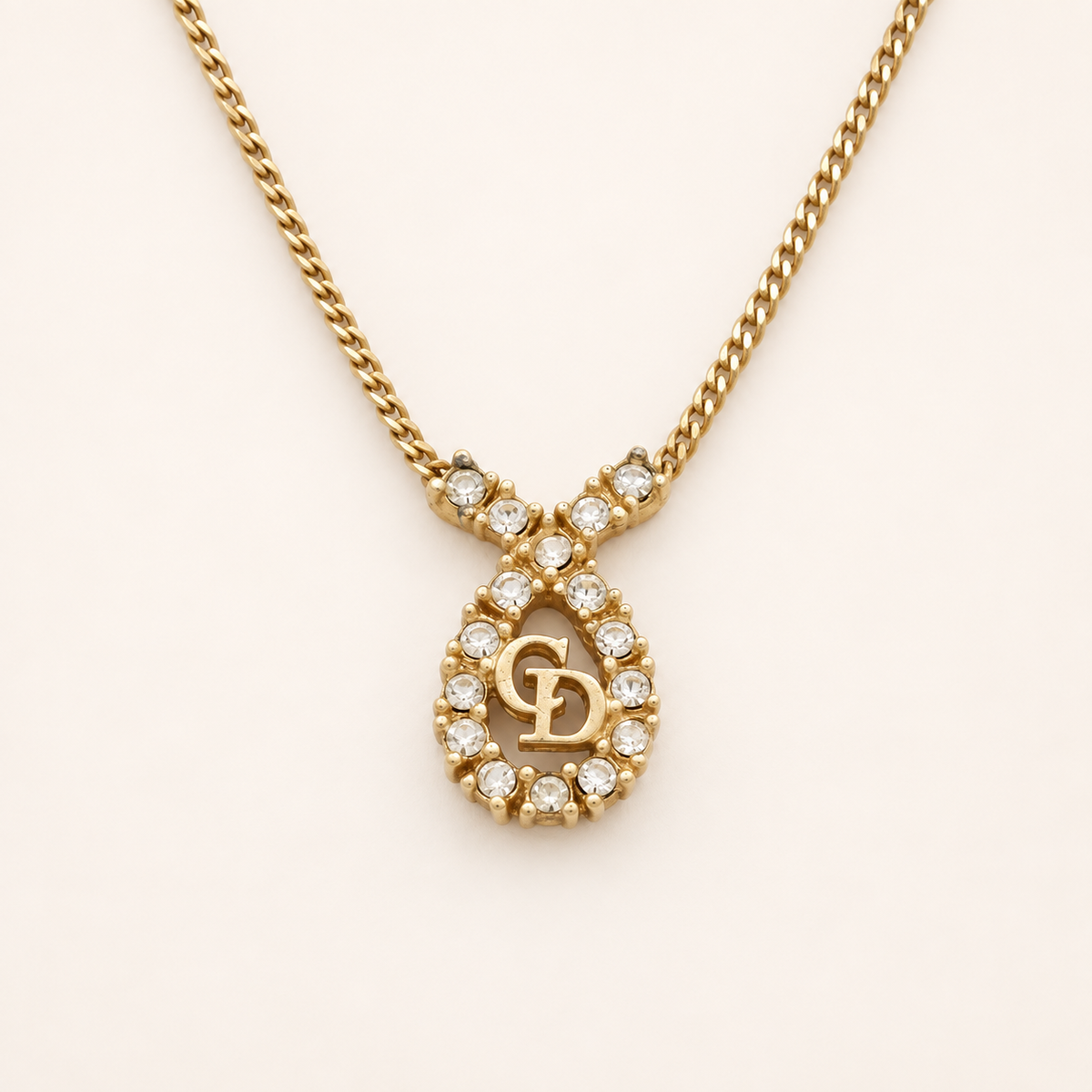 Christian Dior Vintage Rhinestone Halo CD Logo Gold-Tone Necklace, 44cm