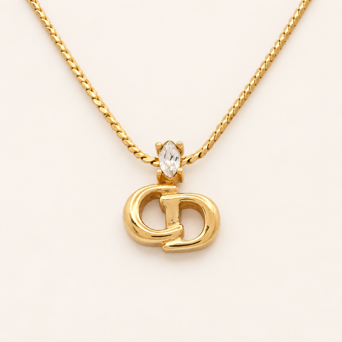 Christian Dior Vintage Interlocking CD Logo Rhinestone Gold-Tone Necklace, 38cm