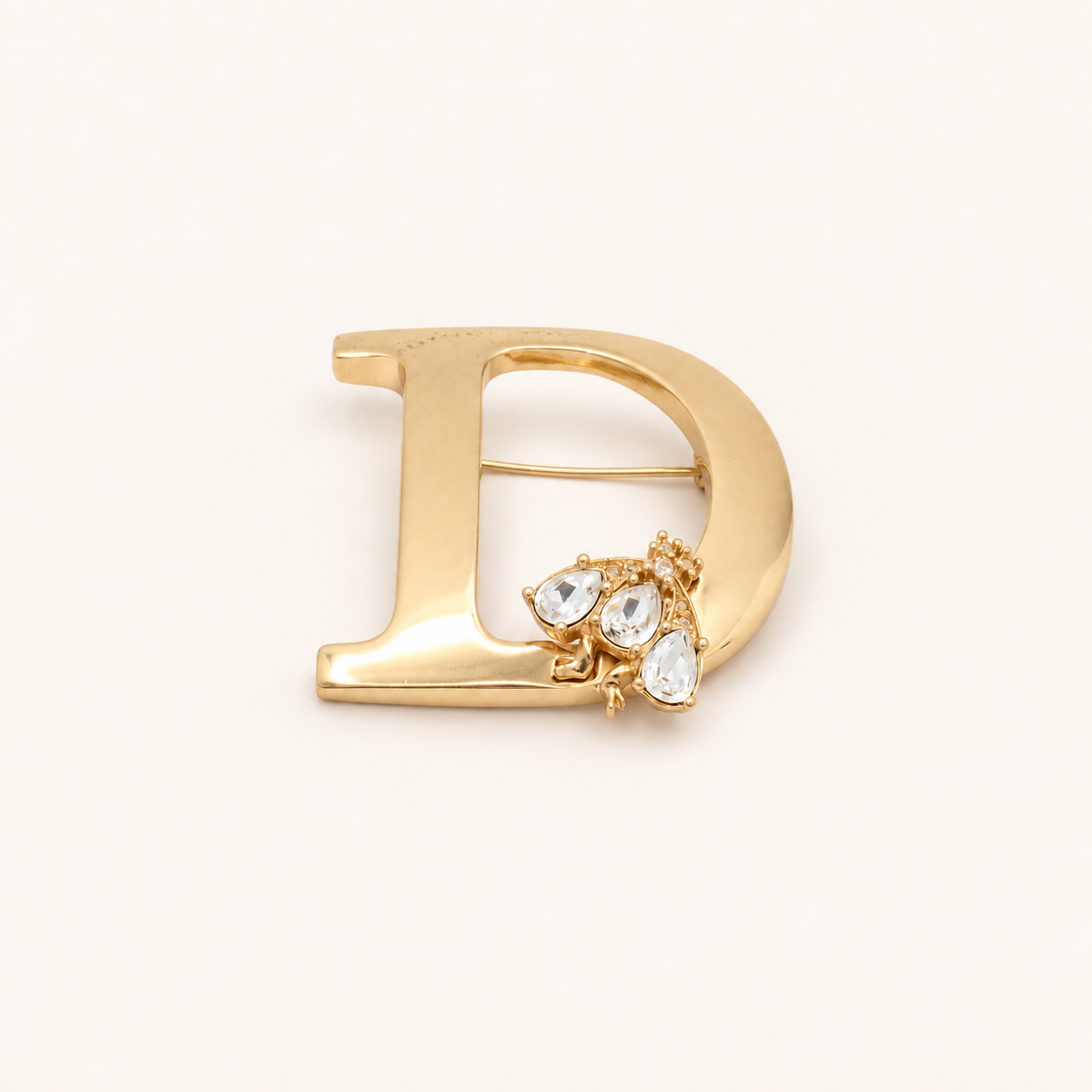 Christian Dior Vintage D Logo Rhinestone Gold-Tone Brooch
