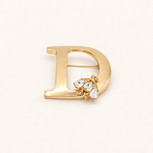 Christian Dior Vintage D Logo Rhinestone Gold-Tone Brooch