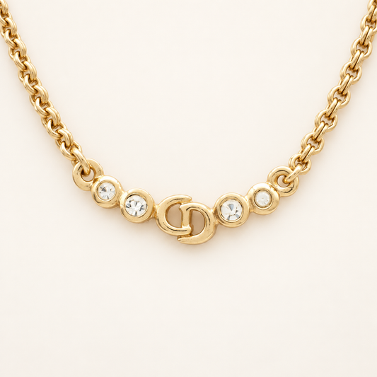Christian Dior Vintage Rhinestone CD Station Gold-Tone Necklace, 44cm
