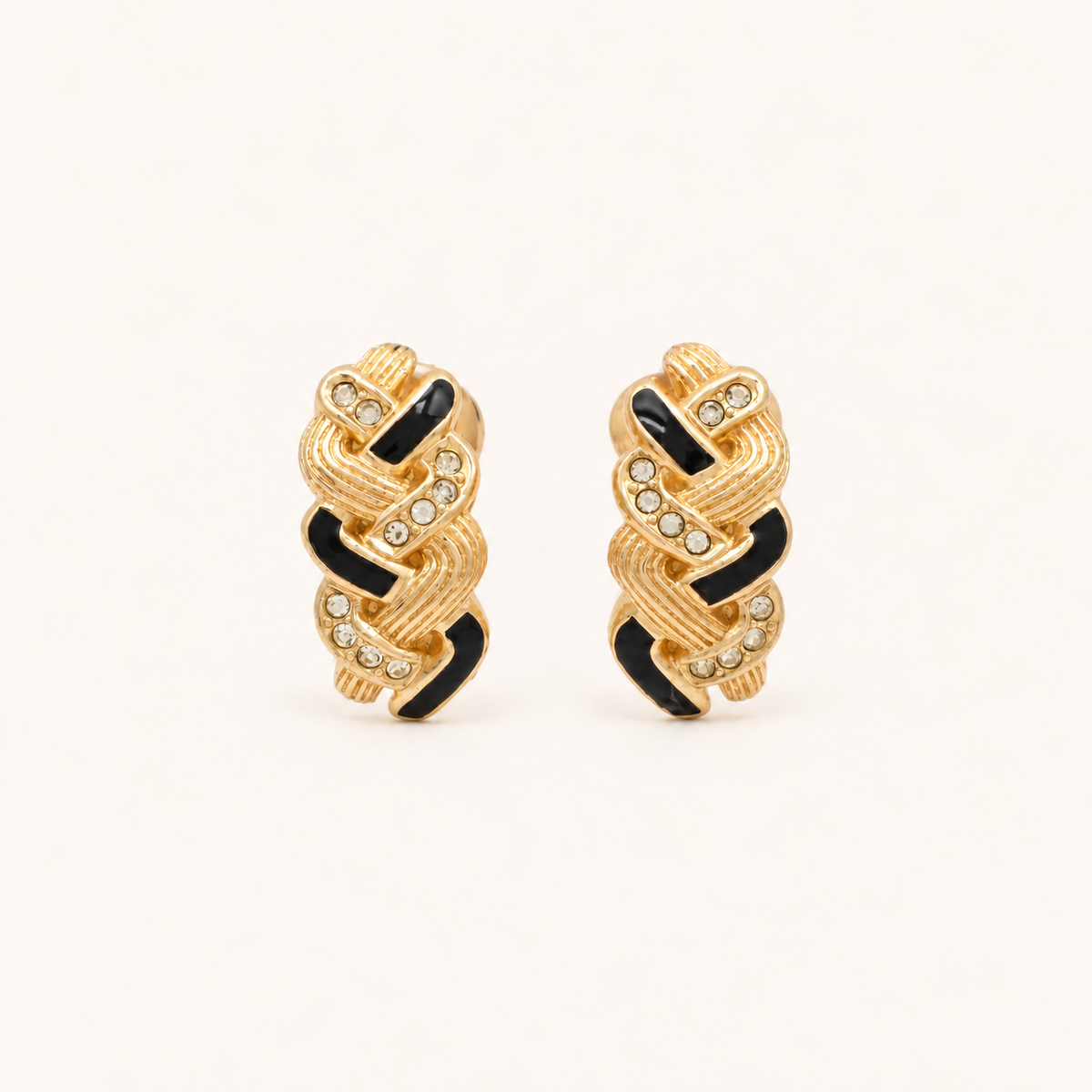 Christian Dior Vintage Black Enamel Rhinestone Twist Gold-Tone Clip-On Earrings