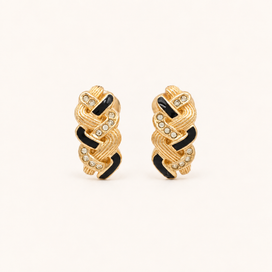 Christian Dior Vintage Black Enamel Rhinestone Twist Gold-Tone Clip-On Earrings