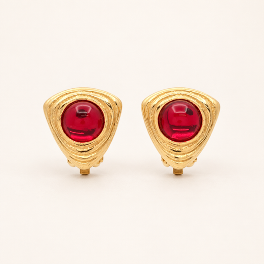 Givenchy Vintage Red Cabochon Gold-Tone Clip-On Earrings