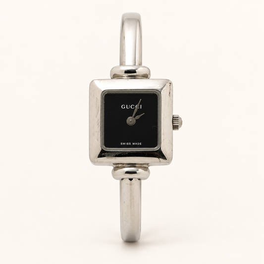 Gucci Vintage 1900L Black Square Dial Silver-Tone Bangle Watch