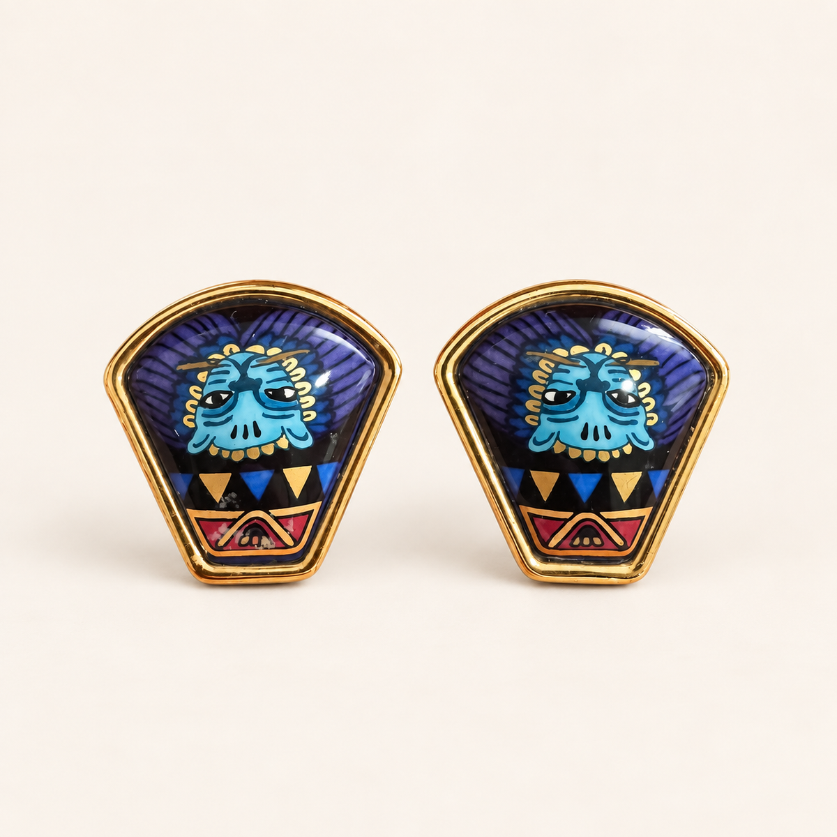 Hermès Vintage Lion Head Blue Enamel Gold-Tone Clip-On Earrings with Box