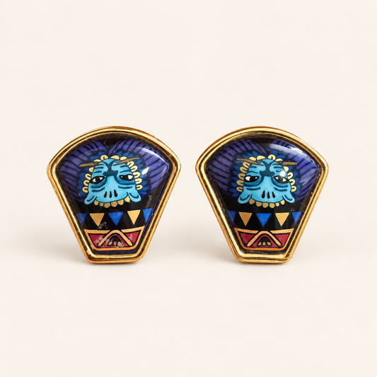 Hermès Vintage Lion Head Blue Enamel Gold-Tone Clip-On Earrings with Box