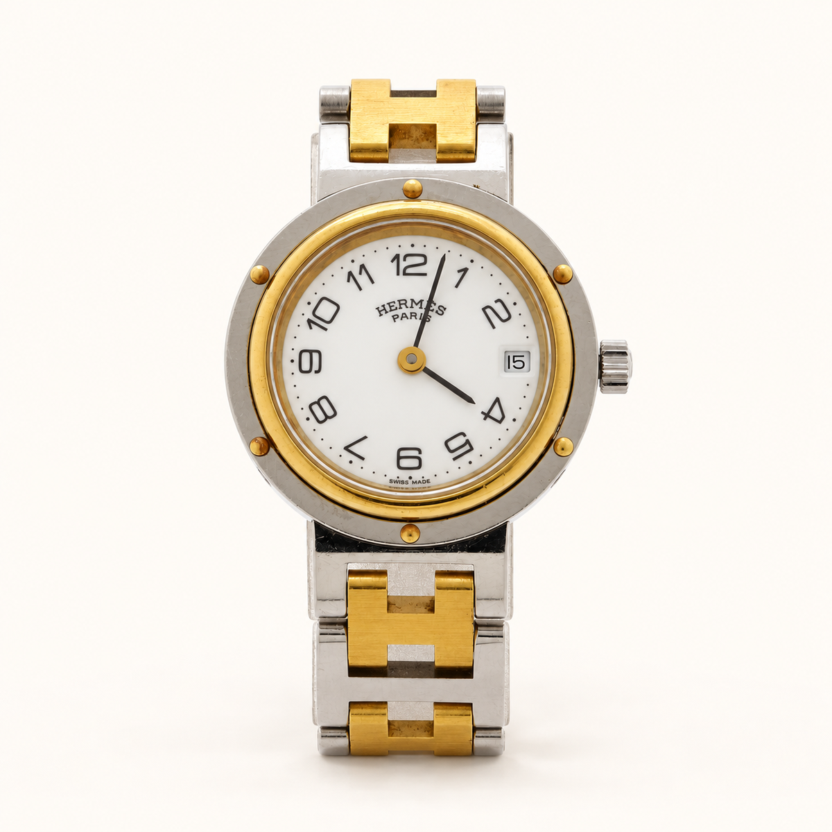Hermès Vintage Clipper Two-Tone Watch with Box and Guarantee