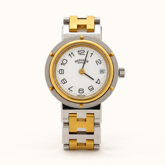 Hermès Vintage Clipper Two-Tone Watch with Box and Guarantee