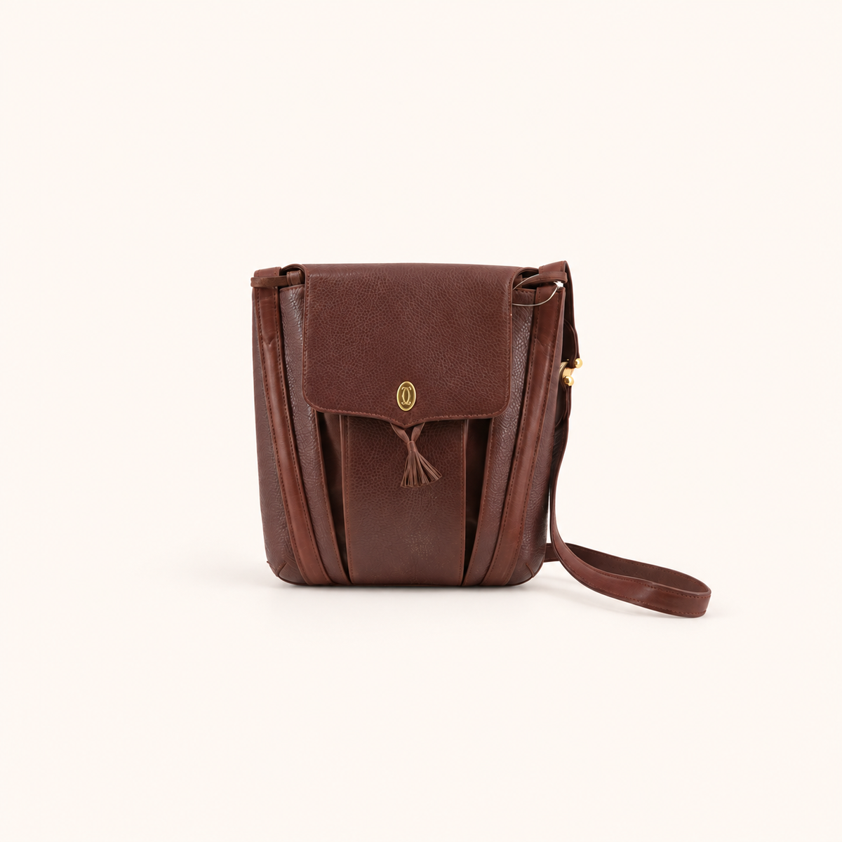 Cartier Burgundy Flap Backpack with Tassel Detail, front view