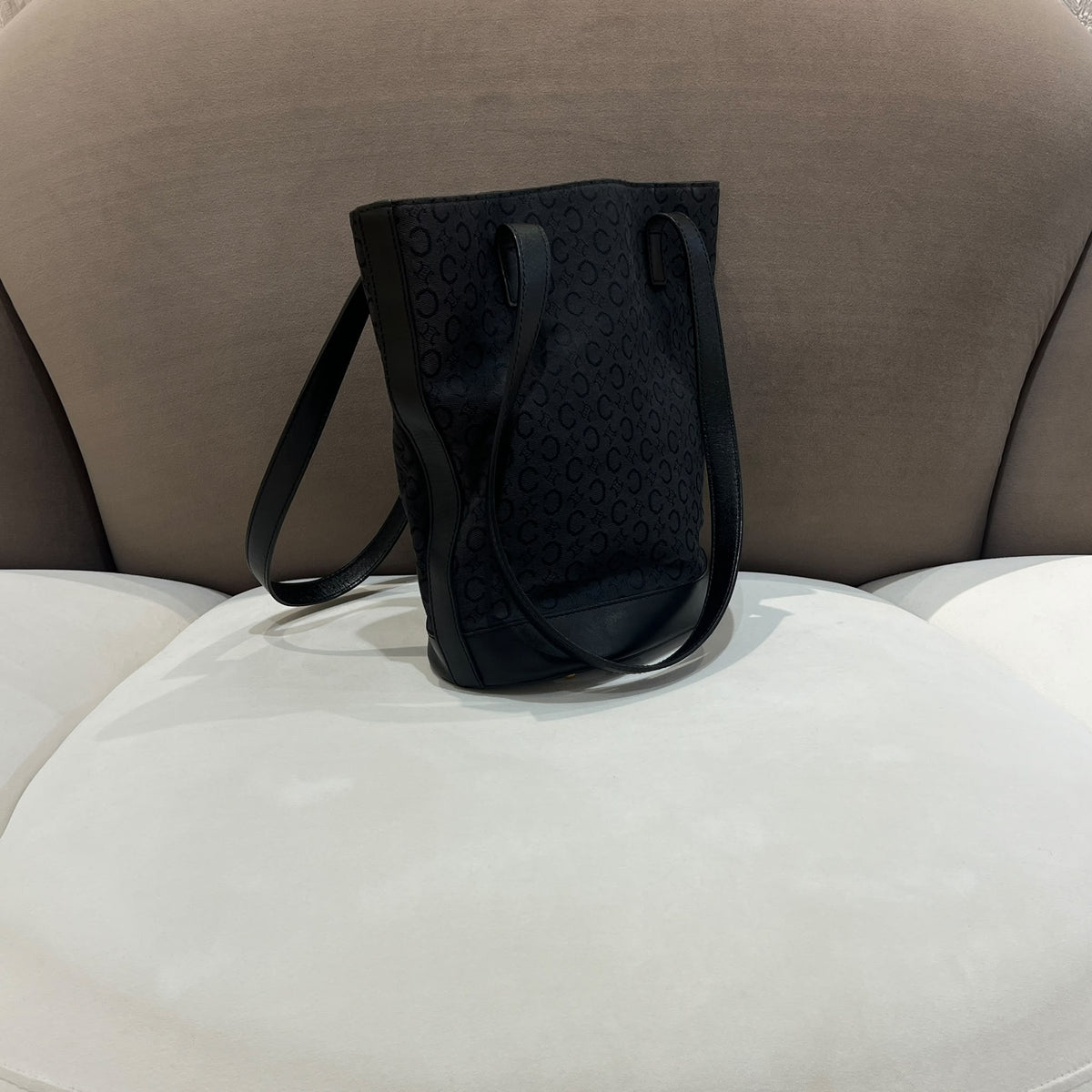 Celine Black C Macadam Canvas and Leather Tote Bag — side angle