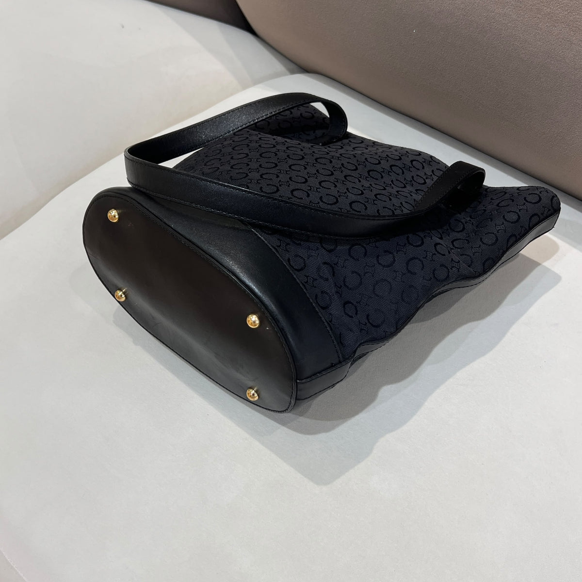 Celine Black C Macadam Canvas and Leather Tote Bag — opposite base corner