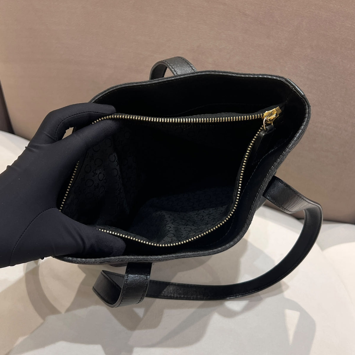 Celine Black C Macadam Canvas and Leather Tote Bag — open interior
