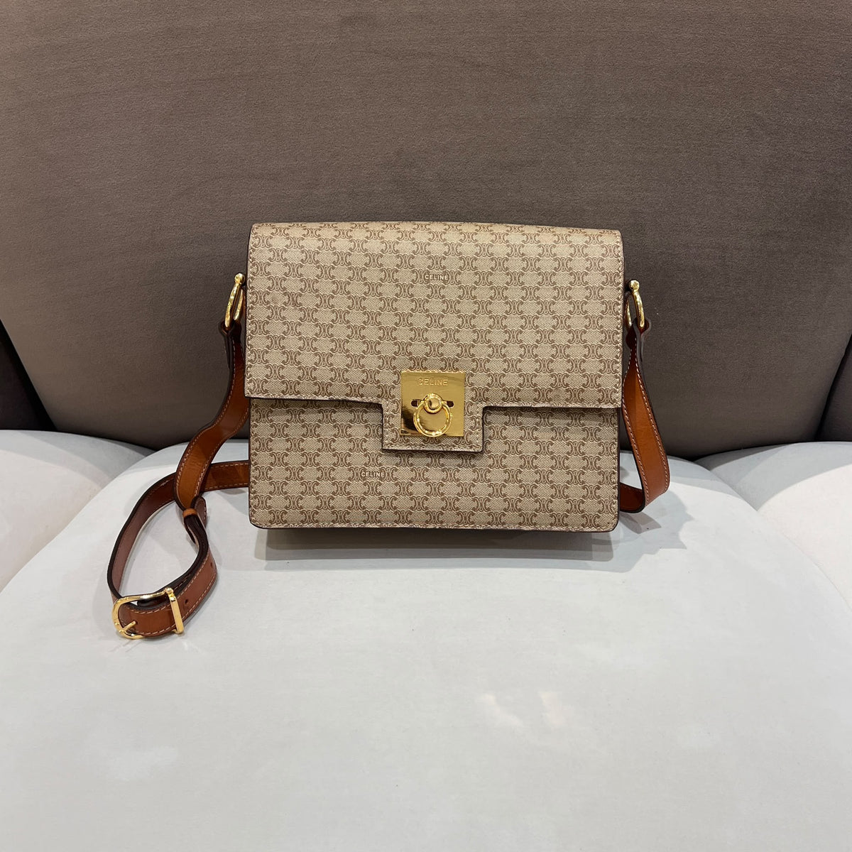 Celine Beige Macadam Flap Shoulder Bag with Ring Clasp — front