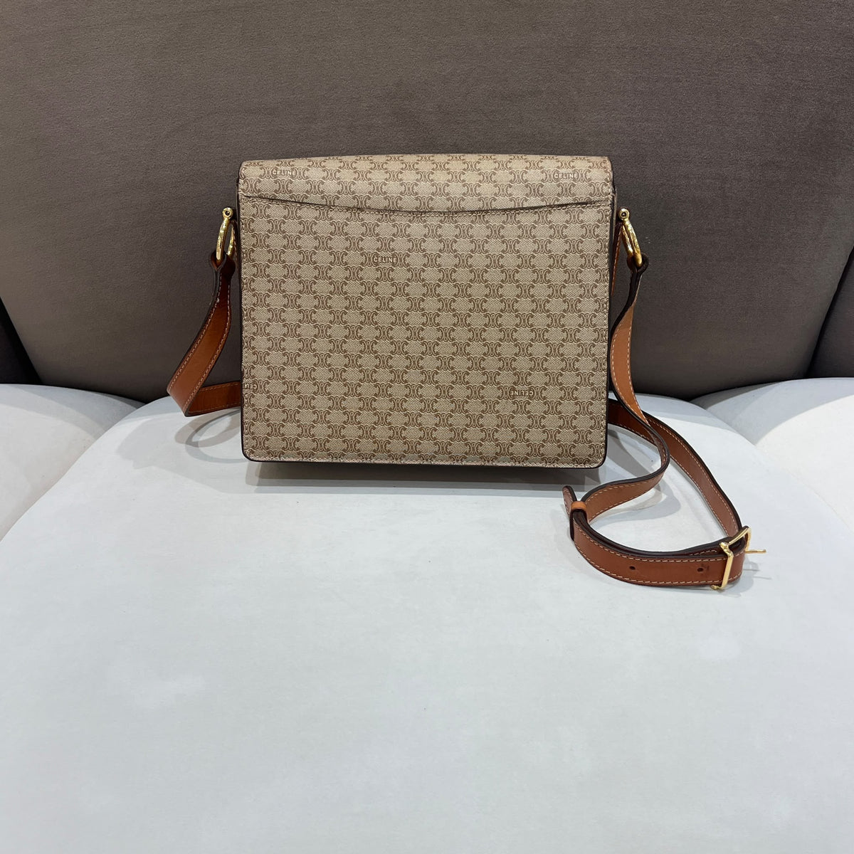 Celine Beige Macadam Flap Shoulder Bag with Ring Clasp — back