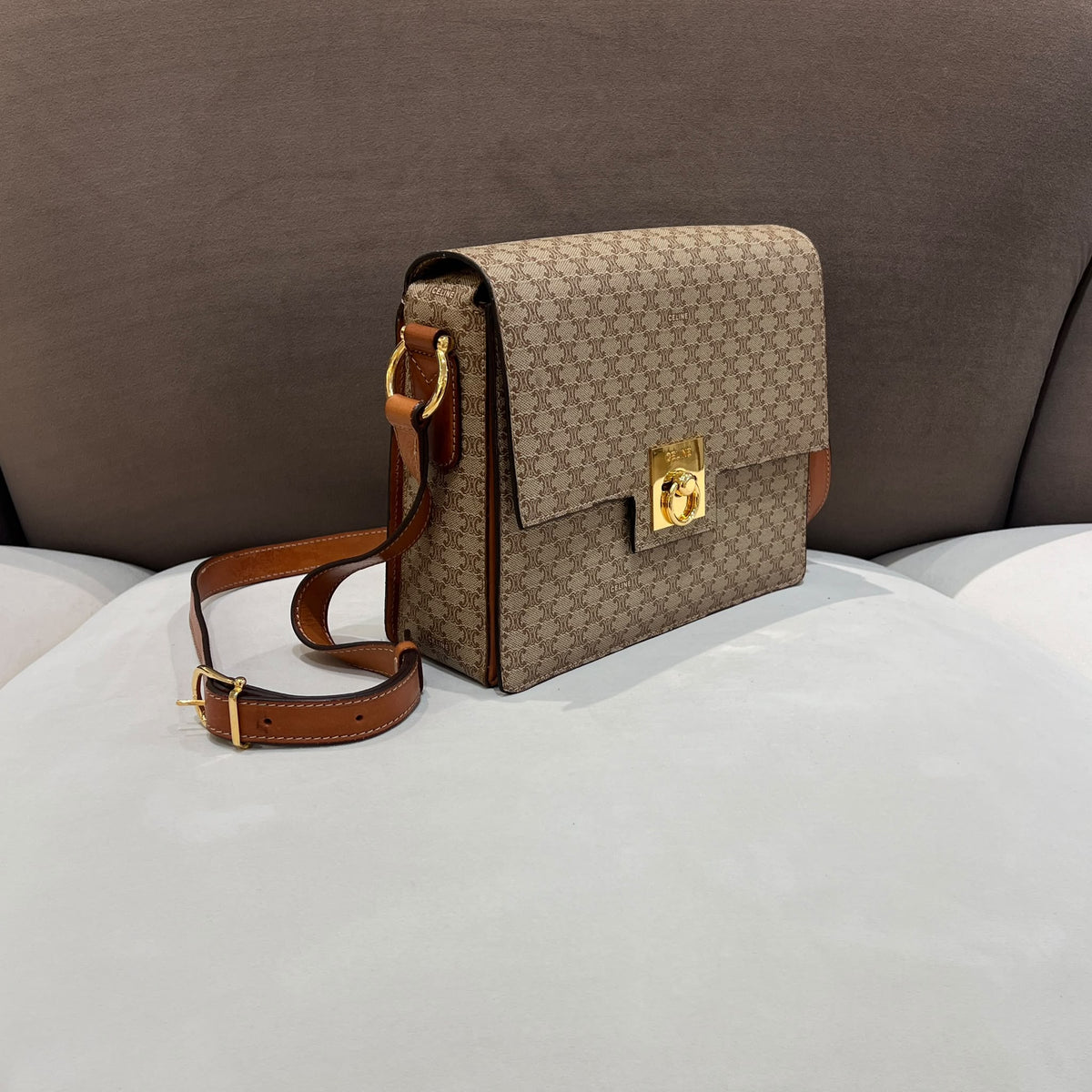 Celine Beige Macadam Flap Shoulder Bag with Ring Clasp — side angle