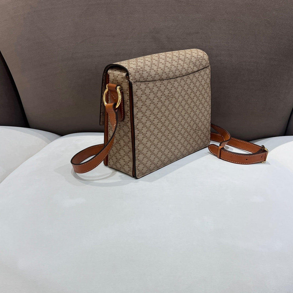 Celine Beige Macadam Flap Shoulder Bag with Ring Clasp — opposite side angle