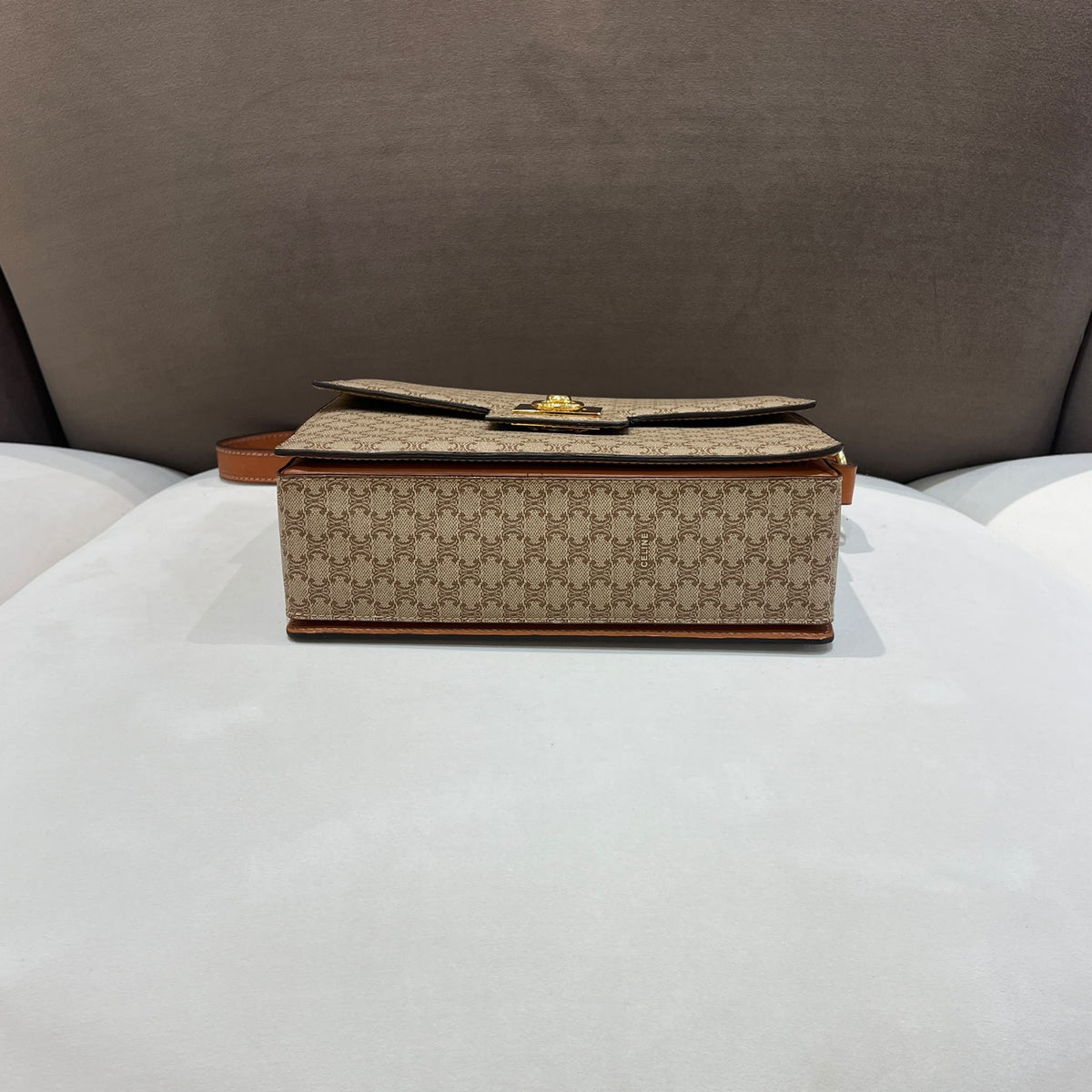 Celine Beige Macadam Flap Shoulder Bag with Ring Clasp — base