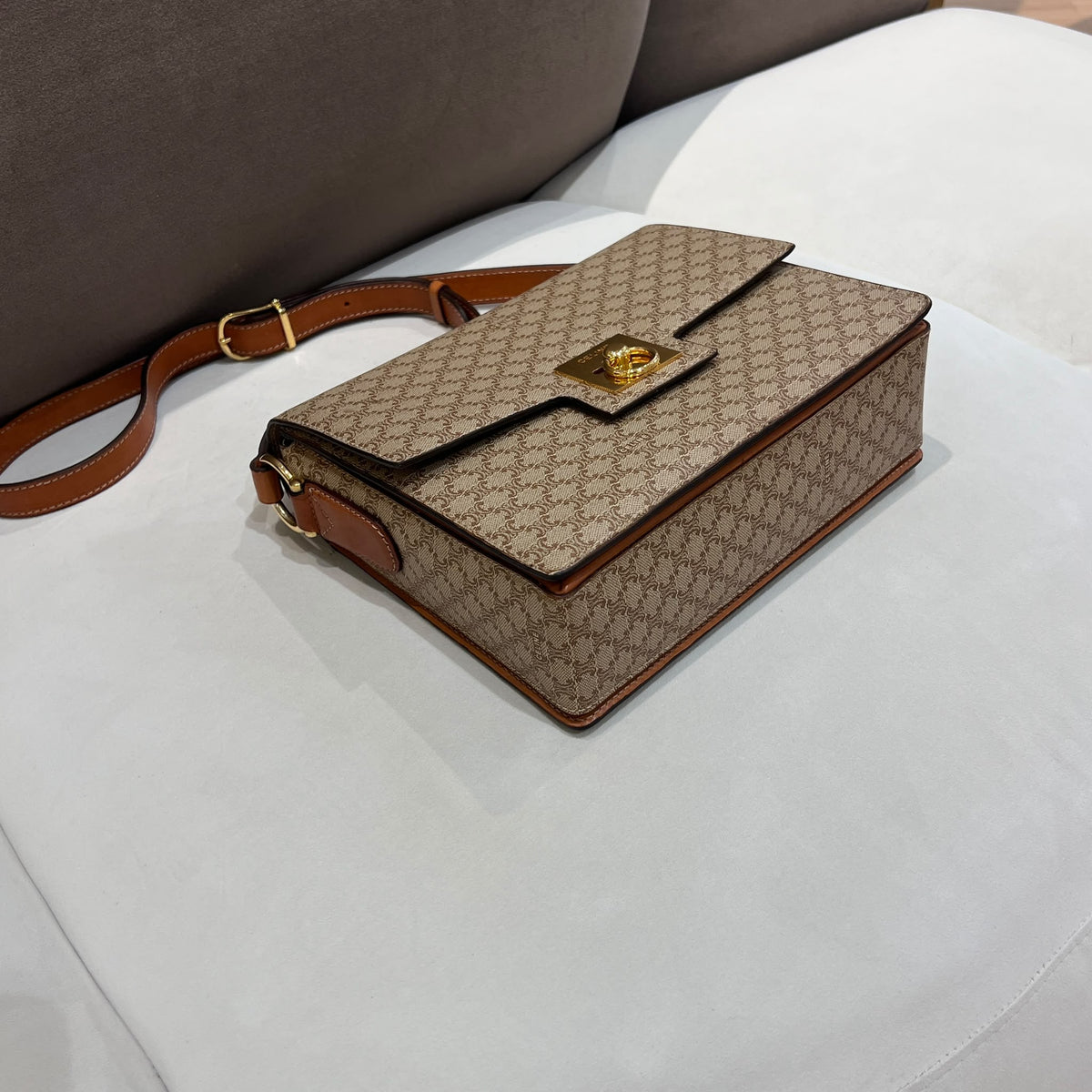 Celine Beige Macadam Flap Shoulder Bag with Ring Clasp — base corner