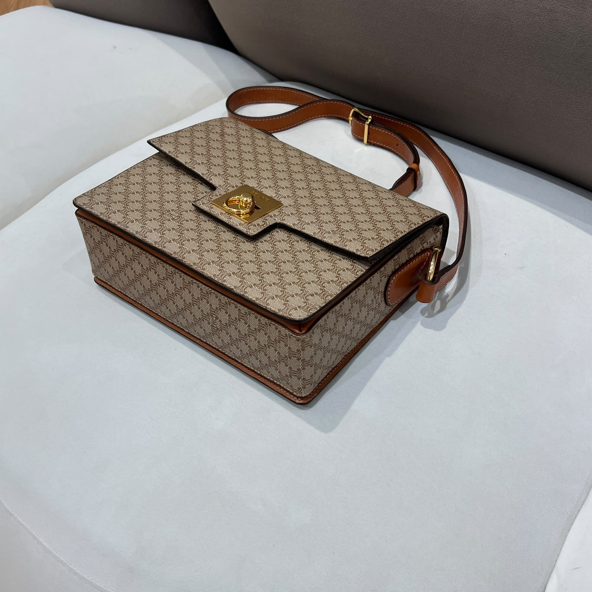 Celine Beige Macadam Flap Shoulder Bag with Ring Clasp — opposite base corner