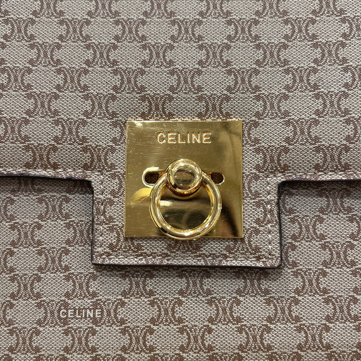 Celine Beige Macadam Flap Shoulder Bag with Ring Clasp — ring clasp detail