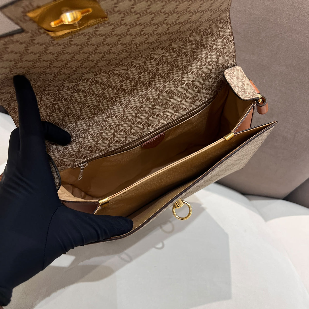 Celine Beige Macadam Flap Shoulder Bag with Ring Clasp — open interior