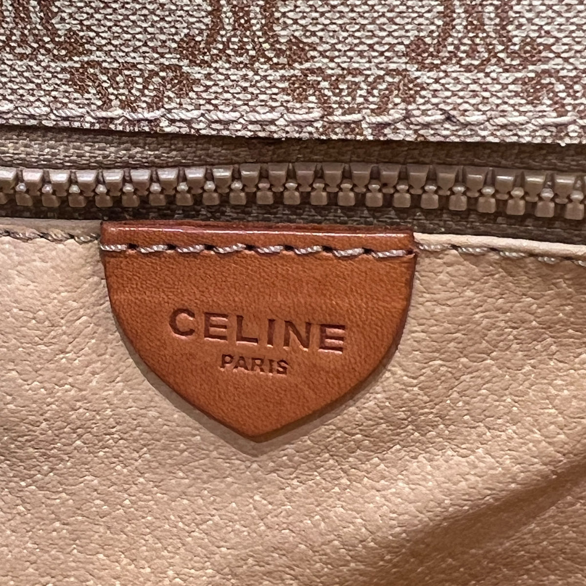 Celine Beige Macadam Flap Shoulder Bag with Ring Clasp — interior brand stamp