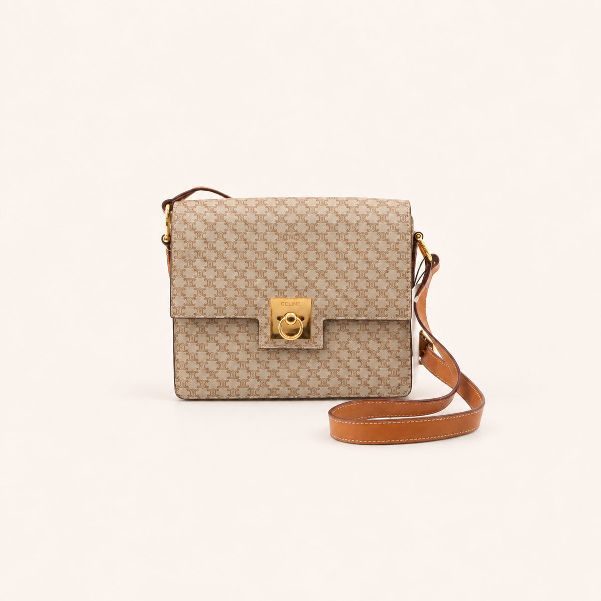 Celine Beige Macadam Flap Shoulder Bag with Ring Clasp, front view