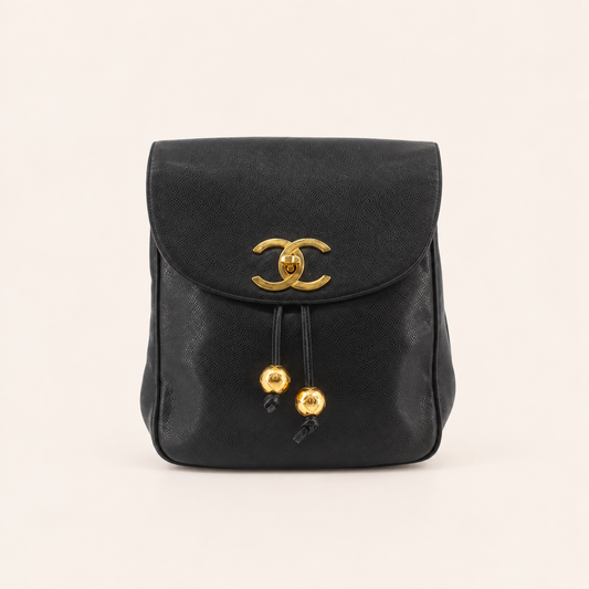 Chanel Black Caviar Leather CC Drawstring Backpack, front view