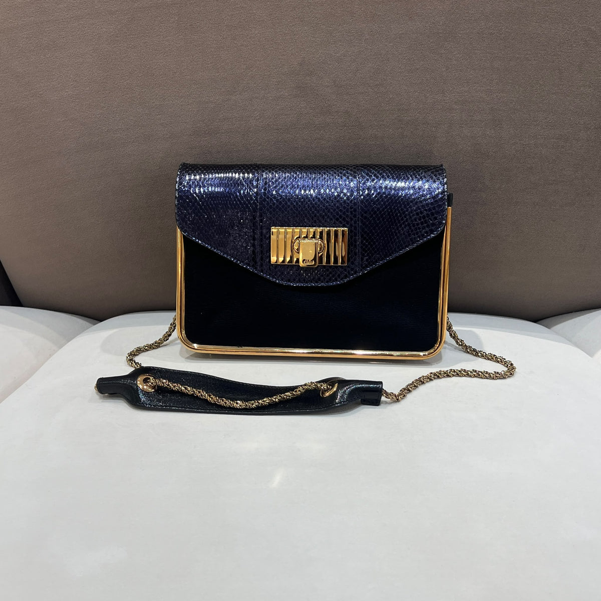Chloe Sally Dark Purple Python and Black Shoulder Bag — front